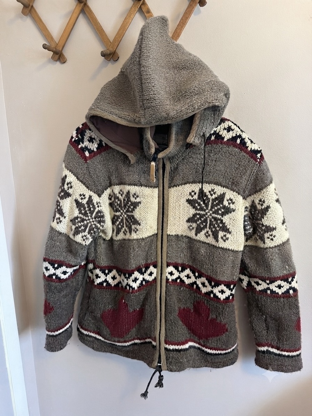 Ark Imports Wool Zip Hoodie Brown Snowflake Maple Leaf Size M